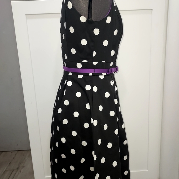 Polka Dot Black Dress with Purple Belt - Picture 3 of 12